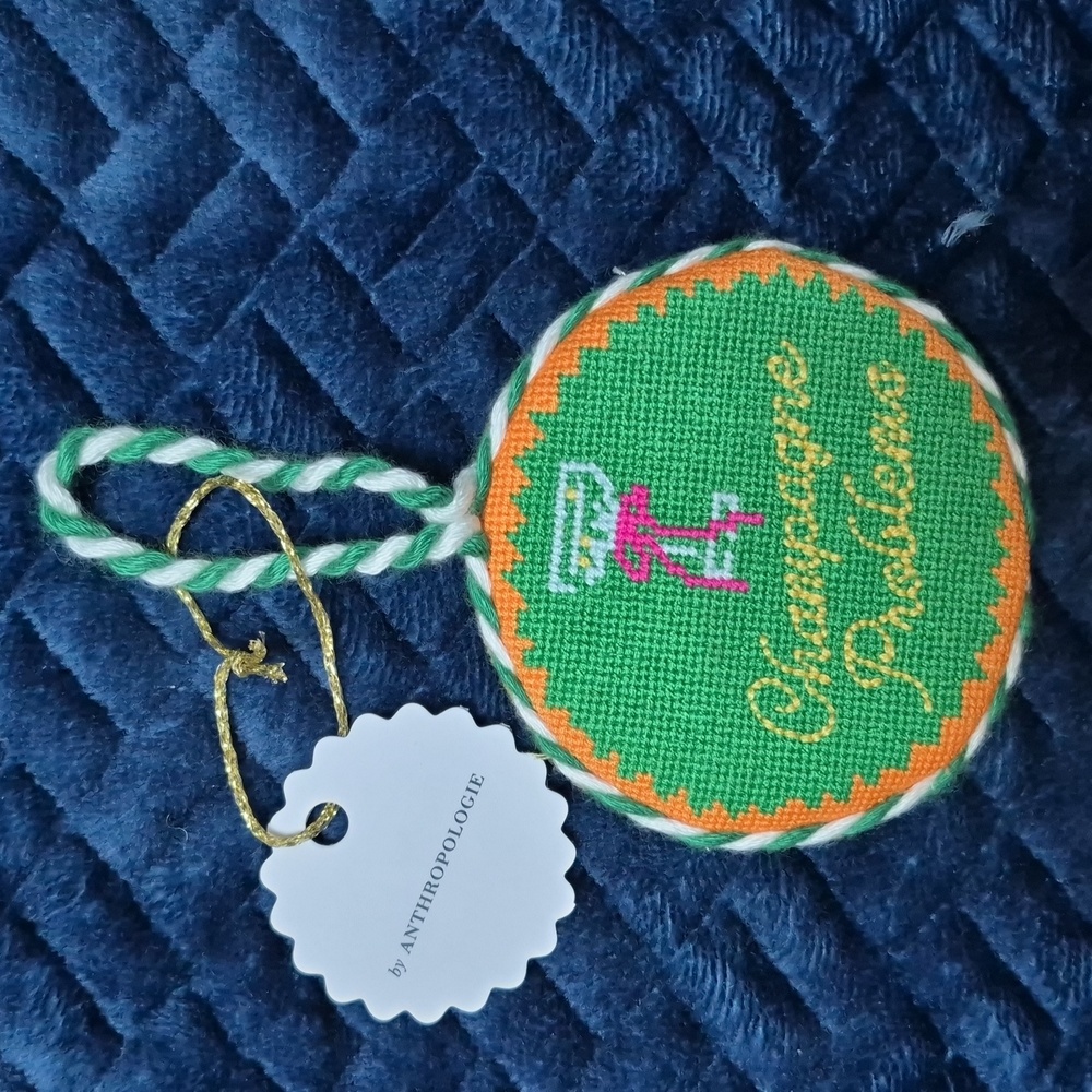 Anthropologie Furbish Studio Champagne Problems Needlepoint Ornament New W Tag